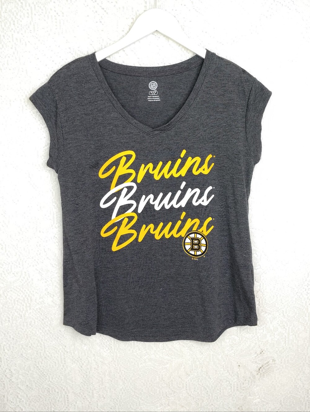 Boston Bruins V-neck t-shirt stacked cursive team lettering Paint Marks